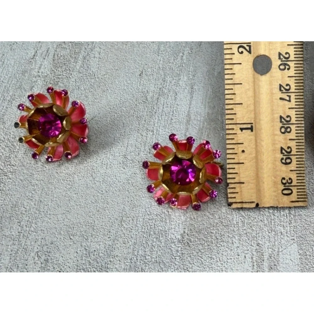 Vintage Pink Enamel Flower Brooch and Clip On Earrings Set Magenta Rhinestone